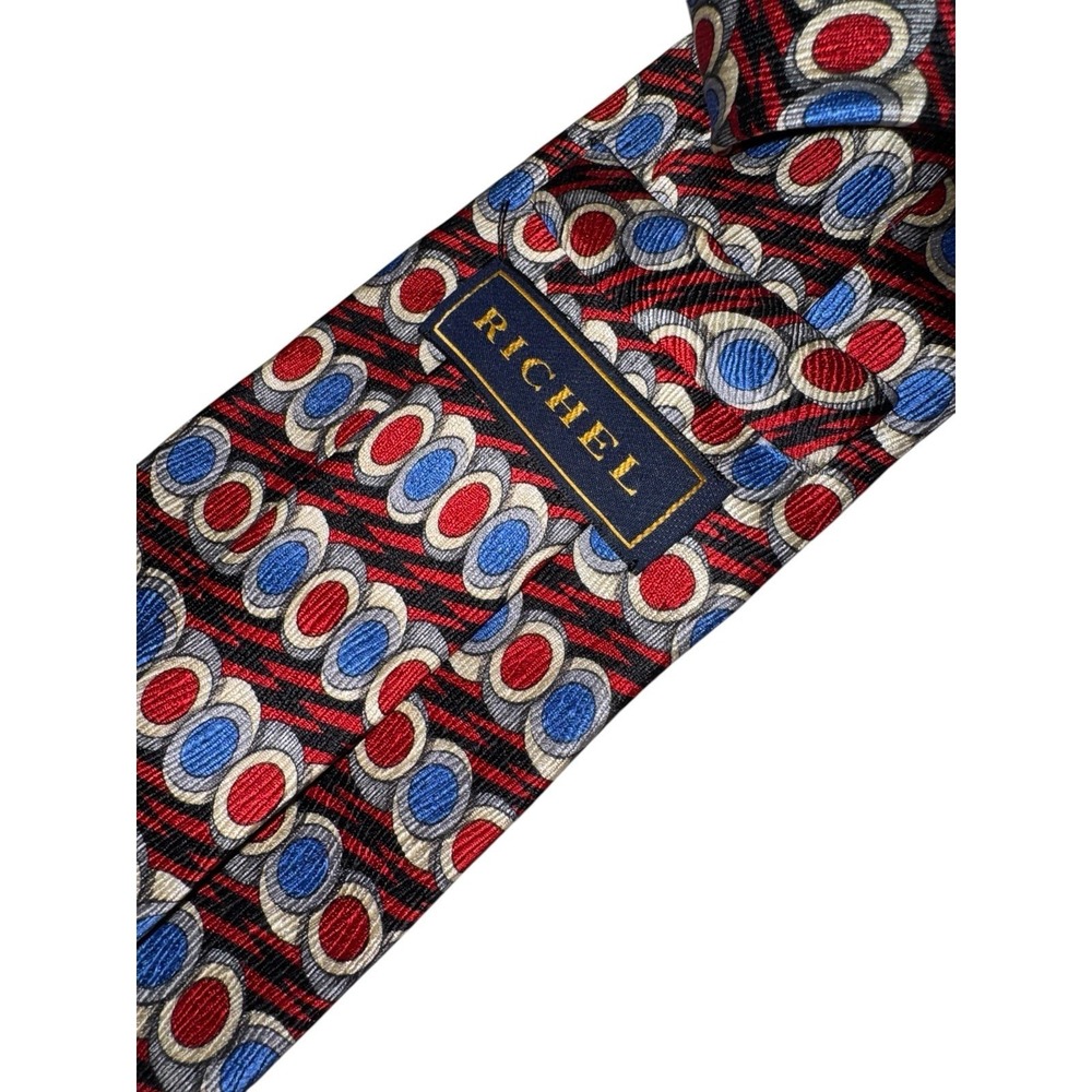Vintage Richel 100% Silk Necktie Red Blue Geometric Circle Pattern Made Korea